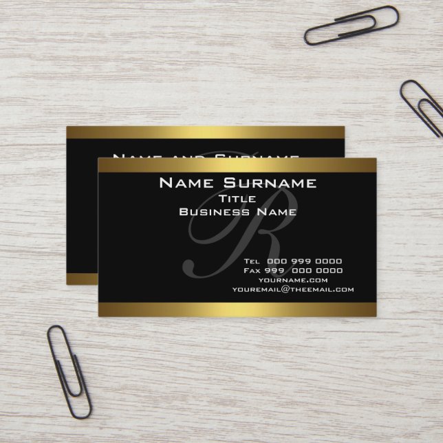 Monogram Black and Gold Business Cards (Front/Back In Situ)