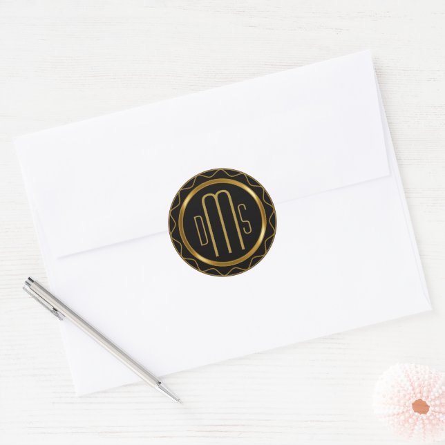Monogram Black and Gold Design  Classic Round Sticker (Envelope)