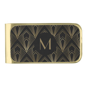Monogram Black and Gold Geometric Deco Pattern Finish Money Clip