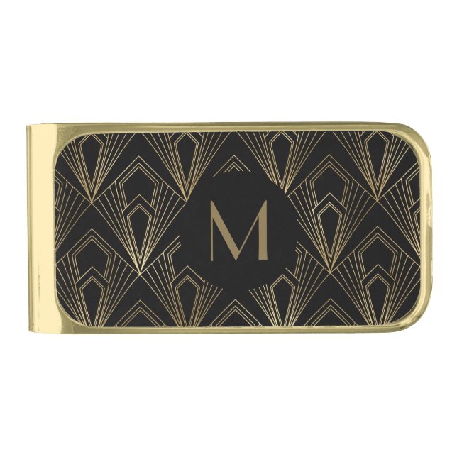 Monogram Black and Gold Geometric Deco Pattern Finish Money Clip (Front)