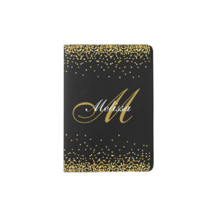 monogram black and gold glitter passport holder