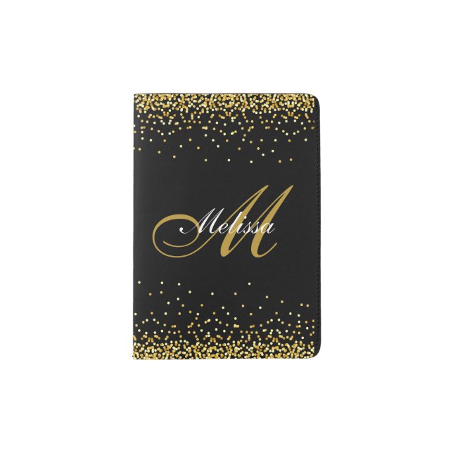 monogram black and gold glitter passport holder (Front)