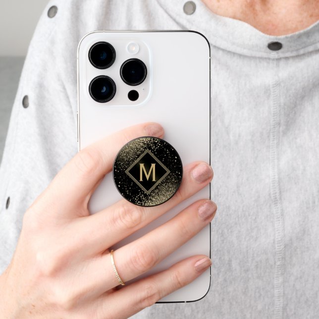 Monogram Black and Gold Glitter PopSocket (Hand)