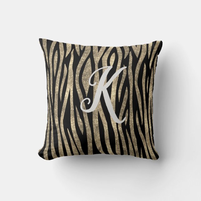 Monogram Black and Gold Glitter Zebra Print  Throw Pillow (Front)