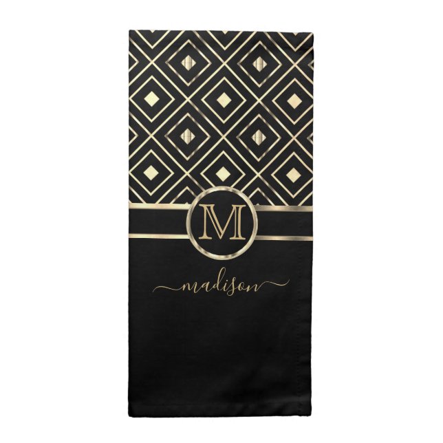 Monogram Black and Gold in a Geometric Pattern Cloth Napkin (Half Fold)