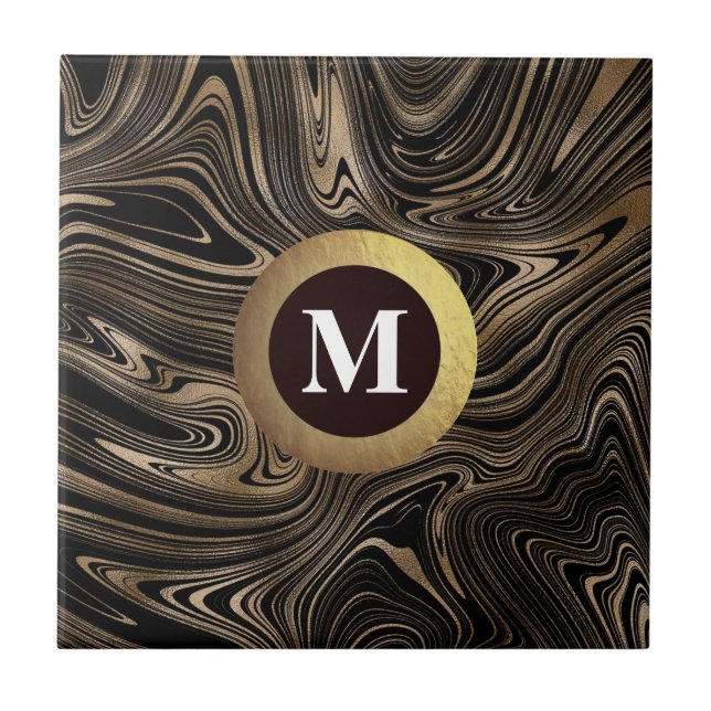 Monogram black and gold Marble  Ceramic Tile (Front)