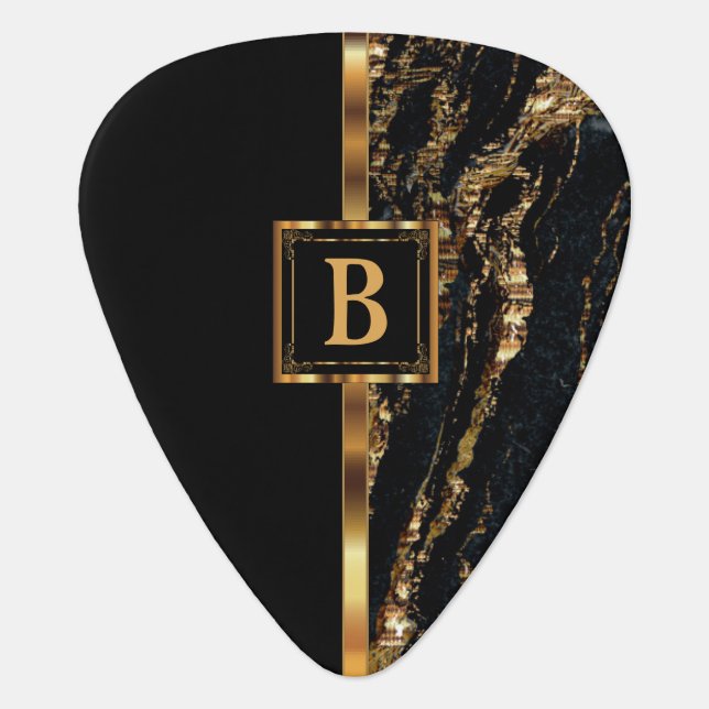 Monogram Black and Gold Marble Guitar Pick (Front)
