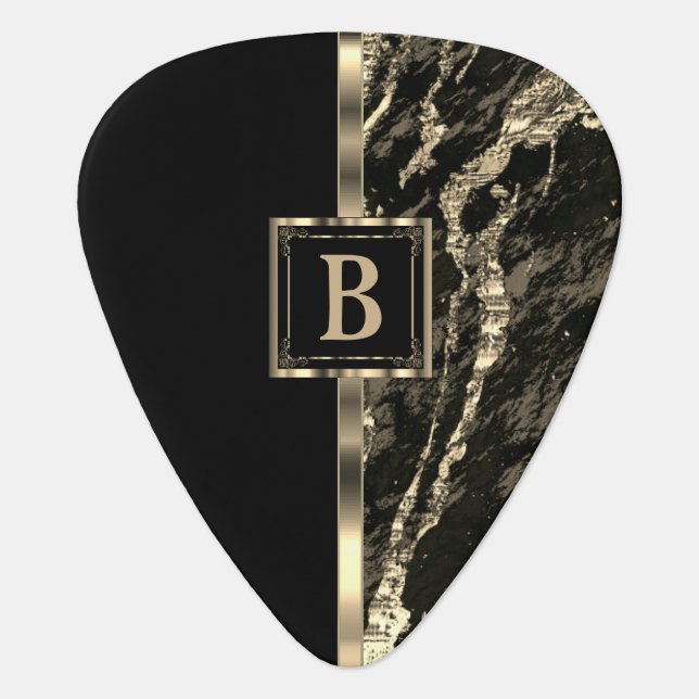 Monogram Black and Gold Marble Guitar Pick (Front)