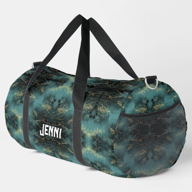 Monogram Black and Gold Pattern on Blue | Duffle Bag (Right Corner)