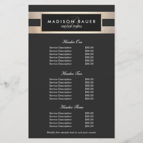 Monogram Black and Gold Stripes Price List Menu Flyer