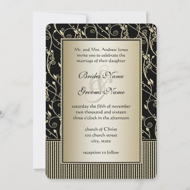 Monogram Black and Gold Swirl Wedding Invitation (Front)