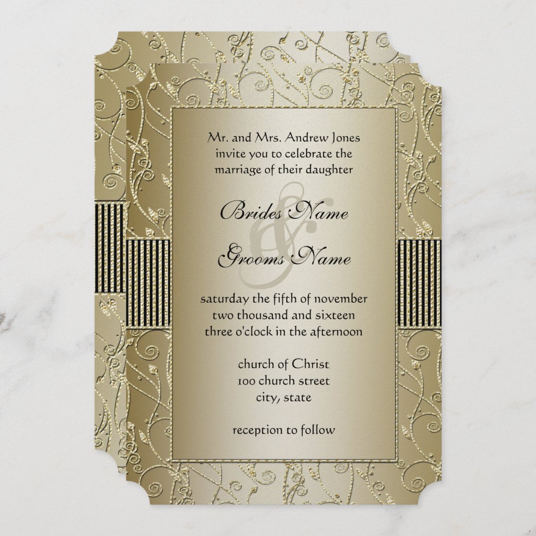 Monogram Black and Gold Swirl Wedding Invitation | Zazzle