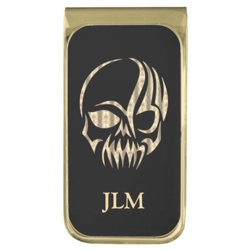 Monogram Black and Gold Tribal Skull Gold Finish Money Clip