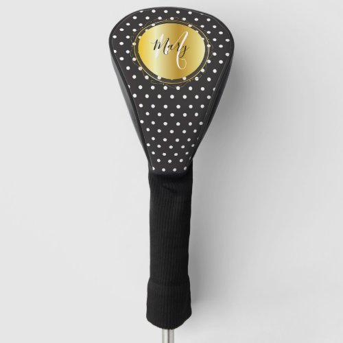 Monogram Black and Gold white polka dots on black  Golf Head Cover