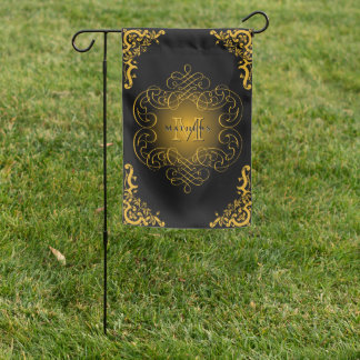 Monogram Black and Gold with decorative elements Garden Flag