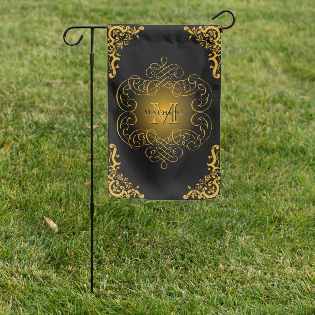 Monogram Black and Gold with decorative elements   Garden Flag (In SItu)