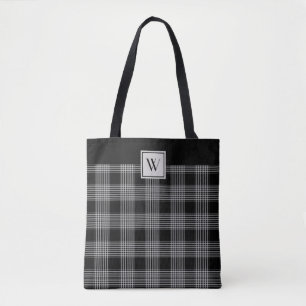 Monogram Black And Gray Plaid Pattern Tote Bag