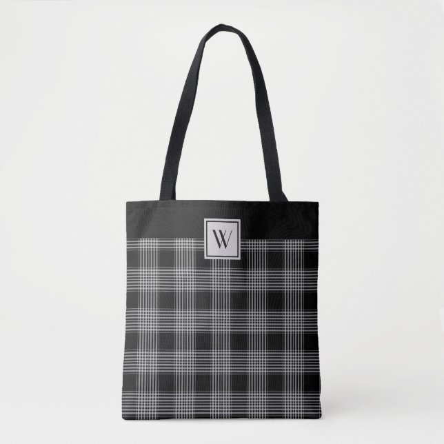 Monogram Black And Gray Plaid Pattern Tote Bag (Front)