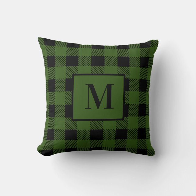Monogram Black and Green Plaid   Throw Pillow (Front)