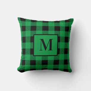 Monogram Black and green Plaid Throw Pillow