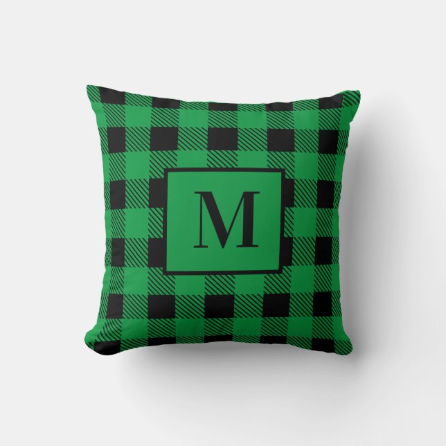 Monogram Black and green Plaid Throw Pillow (Front)