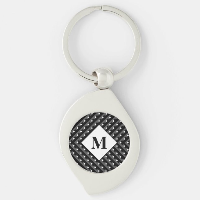 Monogram Black and Grey Angled lines Keychain (Front)