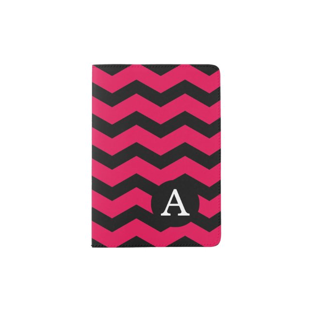 Monogram Black and Hot Pink Chevron Pattern Passport Holder (Front)