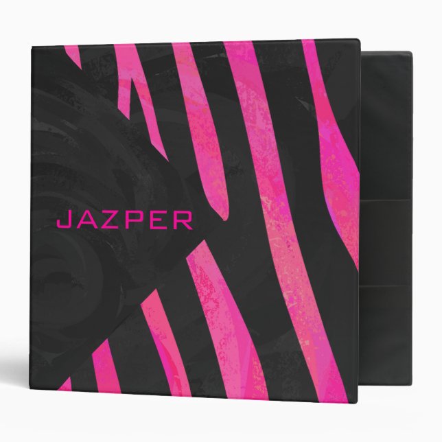 Monogram Black and Hot Pink Zebra Design 3 Ring Binder (Front/Inside)