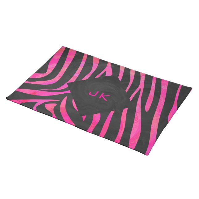 Monogram Black and Hot Pink Zebra Design Cloth Placemat (On Table)