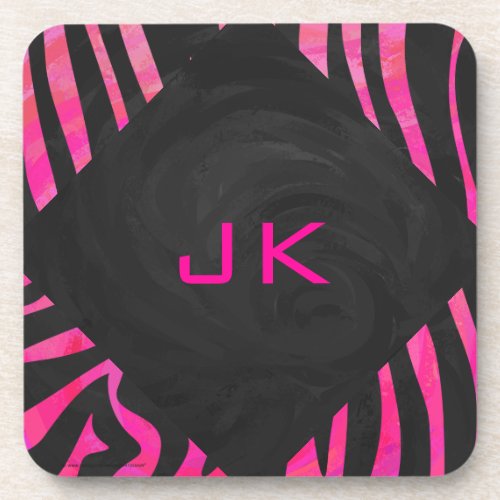 Monogram Black and Hot Pink Zebra Design Coaster