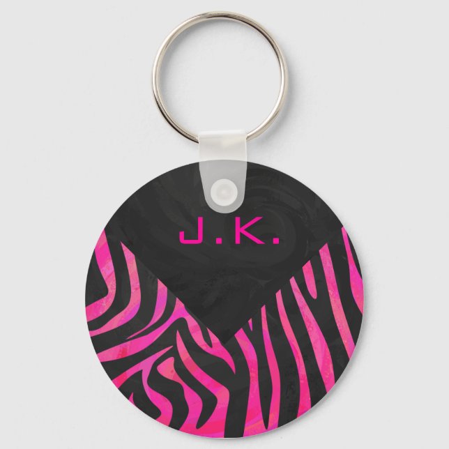 Monogram Black and Hot Pink Zebra Design Keychain (Front)