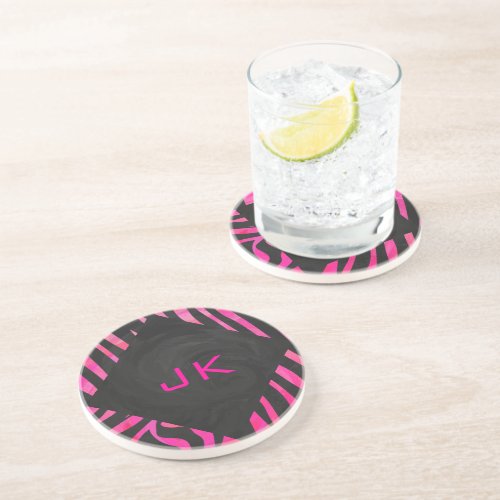 Monogram Black and Hot Pink Zebra Design Sandstone Coaster