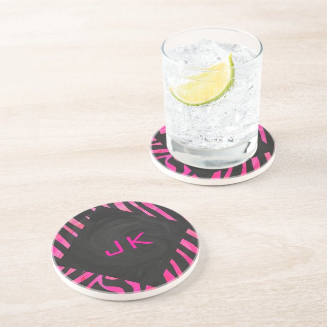 Monogram Black and Hot Pink Zebra Design Sandstone Coaster (Side)