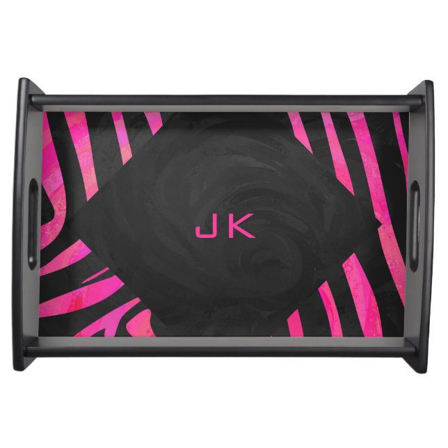 Monogram Black and Hot Pink Zebra Design Serving Tray (Front)