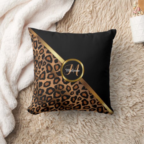 Monogram _ Black and Leopard Animal Print Throw Pillow