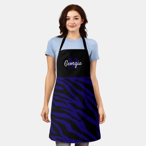 Monogram Black and Navy Blue Zebra Stripes Apron