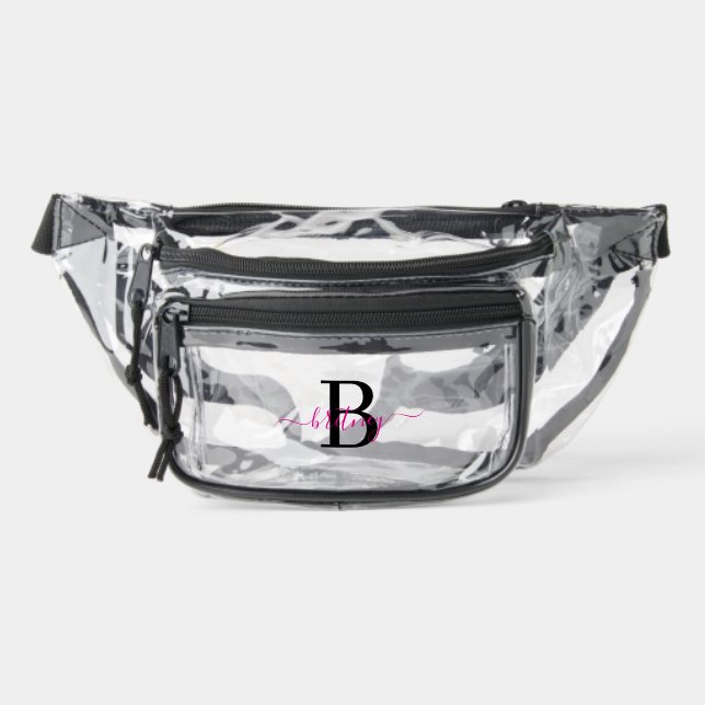 Monogram Black and Pink Initial Stadium Approved Clear Fanny Pack (Front)