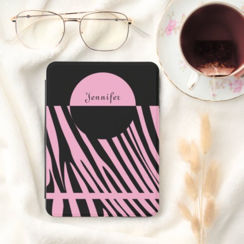 Monogram Black and Pink Striped Zebra Pattern Kindle Cover