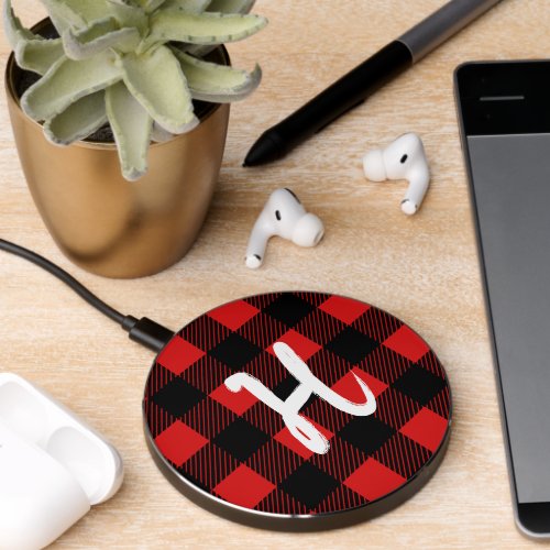 Monogram Black and Red Buffalo Checks Plaid Wireless Charger