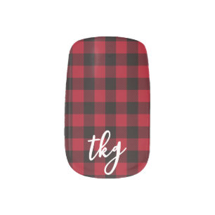 Monogram Black and Red Buffalo Plaid Check Minx Nail Art