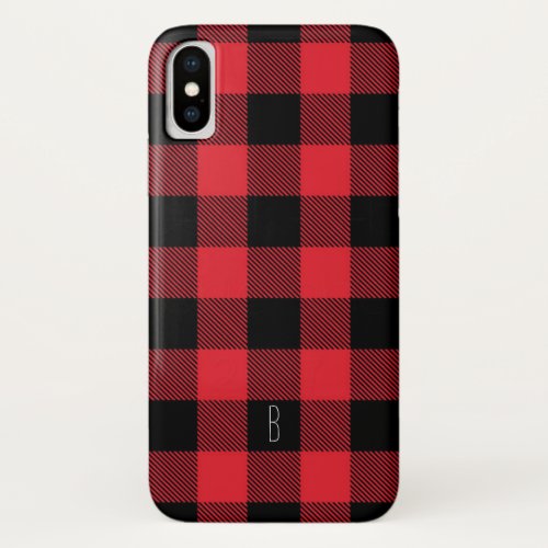 Monogram Black and Red Buffalo Plaid Check Pattern iPhone XS Case