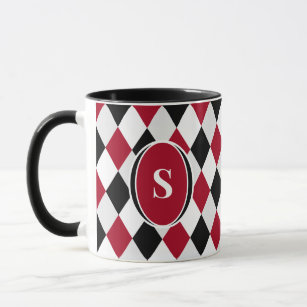 Monogram Black and Red Harlequin Diamond Pattern Mug