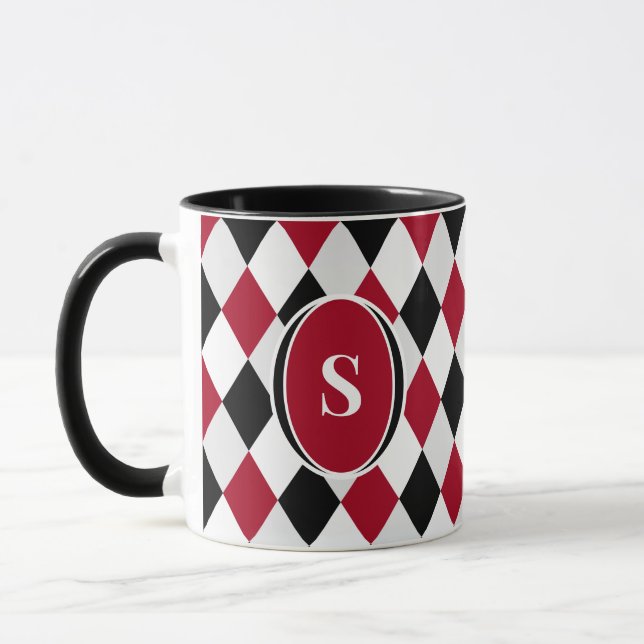 Monogram Black and Red Harlequin Diamond Pattern Mug (Left)