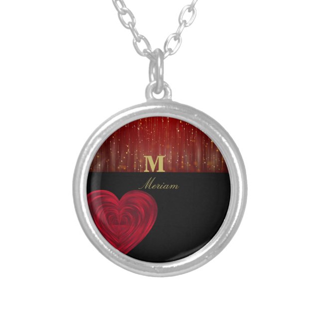 Monogram Black and Red Heart Silver Plated Necklace (Front)