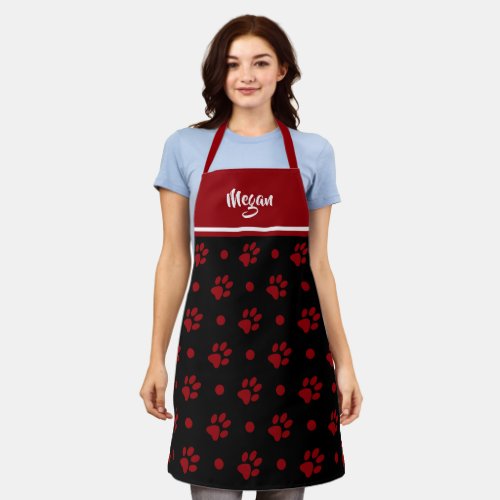 Monogram Black and Red Paw Prints and Polka Dots Apron