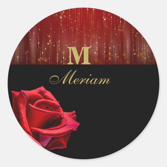 Monogram Black and  Red Rose Round Sticker (Front)