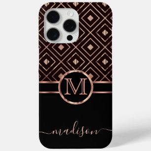 Monogram Black and Rose Gold Diamond Pattern iPhone 15 Pro Max Case