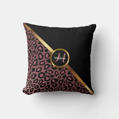 Monogram _ Black and Rose Gold Leopard Print Throw Pillow