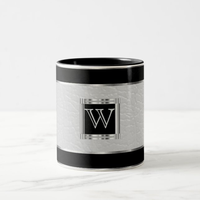 Monogram Black and Silver and Faux Leather Two-Tone Coffee Mug (Center)