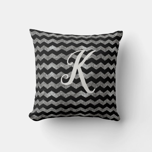 Monogram Black and Silver Glitter Chevron   Throw Pillow (Front)